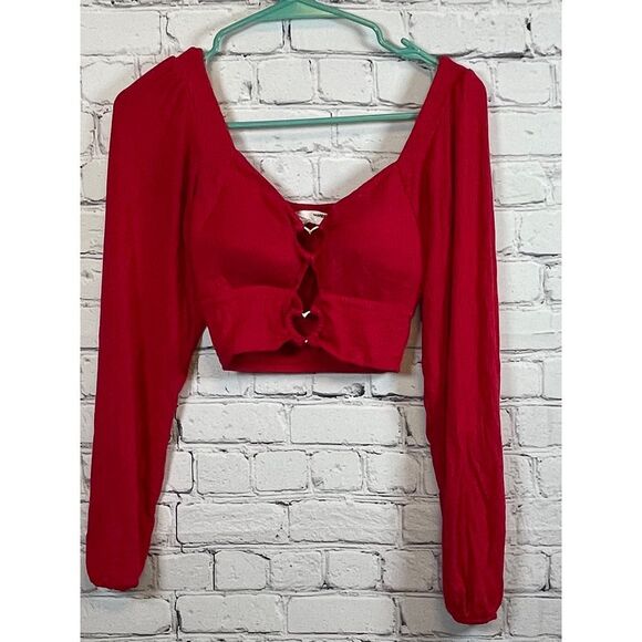 Madden NYC Red Crop Top Long Sleeve V-Neck Blouse Party Club‎ Going Out Top XS - Picture 2 of 4